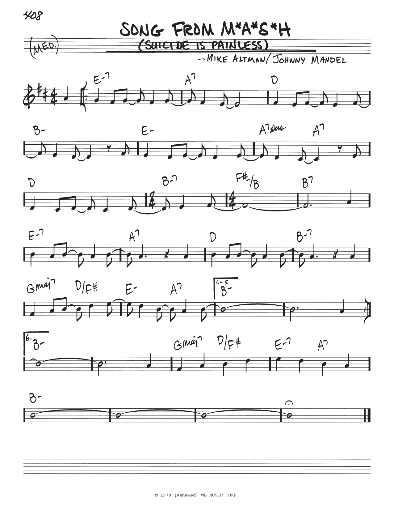 Mike Altman Song From M*A*S*H (Suicide Is Painless) sheet music, chords, lyrics - Printable PDF for Real Book – Melody & Chords