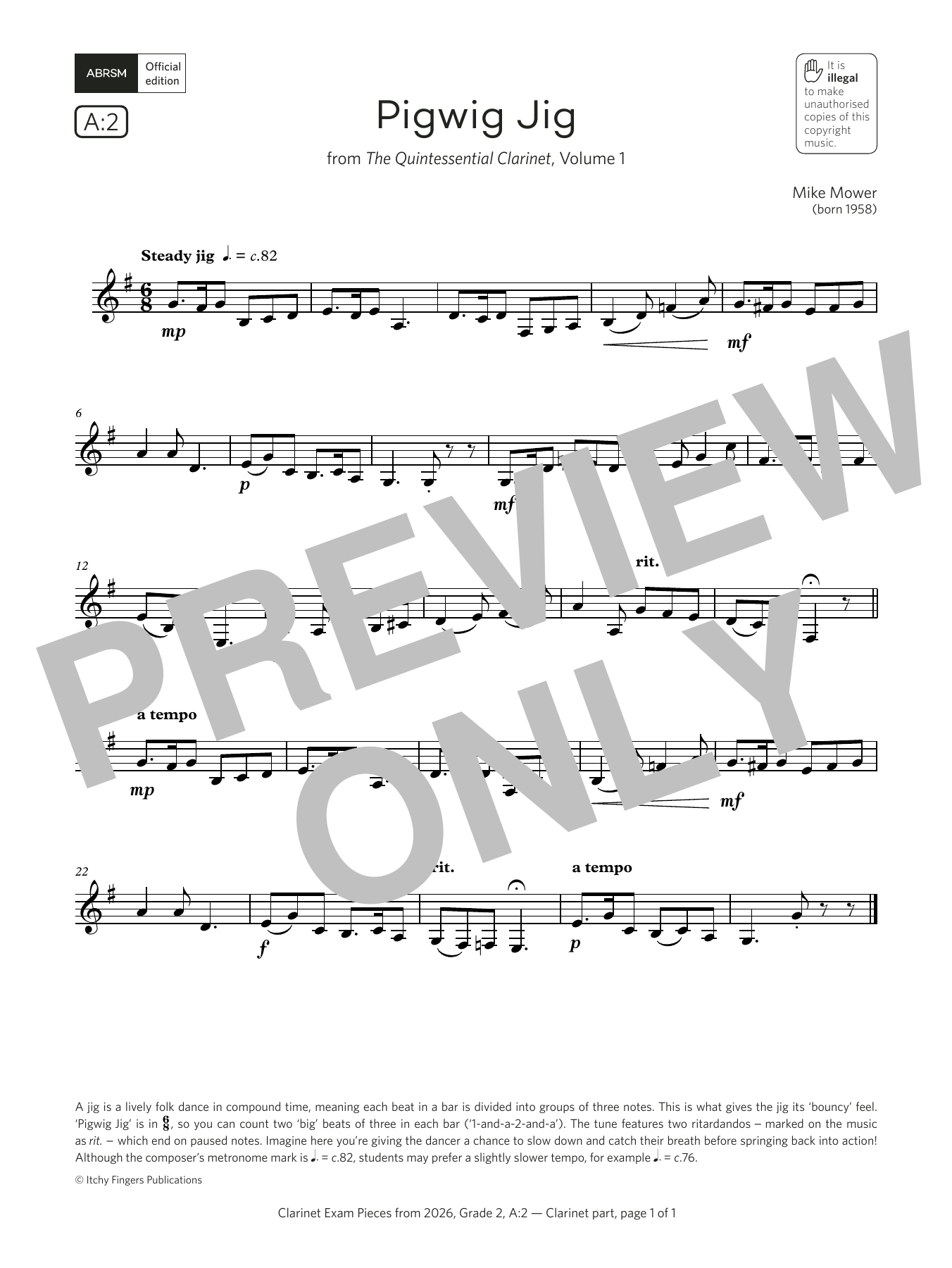 Mike Mower Pigwig Jig (Grade 2, list A2, from the ABRSM Clarinet Syllabus from 2026) sheet music, chords, lyrics - Printable PDF for Clarinet Solo
