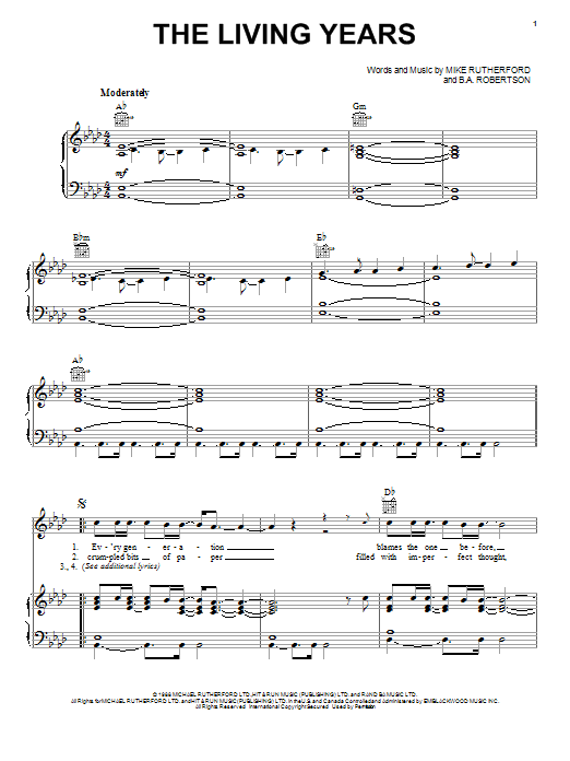 Mike and The Mechanics The Living Years sheet music preview music notes and score for Piano, Vocal & Guitar (Right-Hand Melody) including 4 page(s)