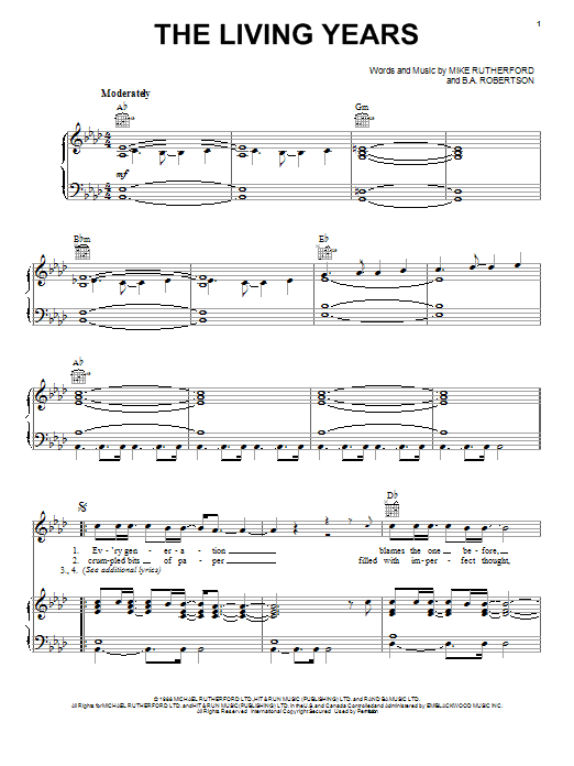 Learn to play Mike and The Mechanics The Living Years sheet music for Piano, Vocal & Guitar (Right-Hand Melody) in minutes. Mike and The Mechanics The Living Years sheet music notes and chords