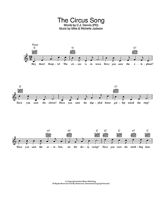 Learn to play Mike Jackson The Circus Song sheet music for Melody Line, Lyrics & Chords in minutes. Mike Jackson The Circus Song sheet music preview music notes and score for Melody Line, Lyrics & Chords including 2 page(s)