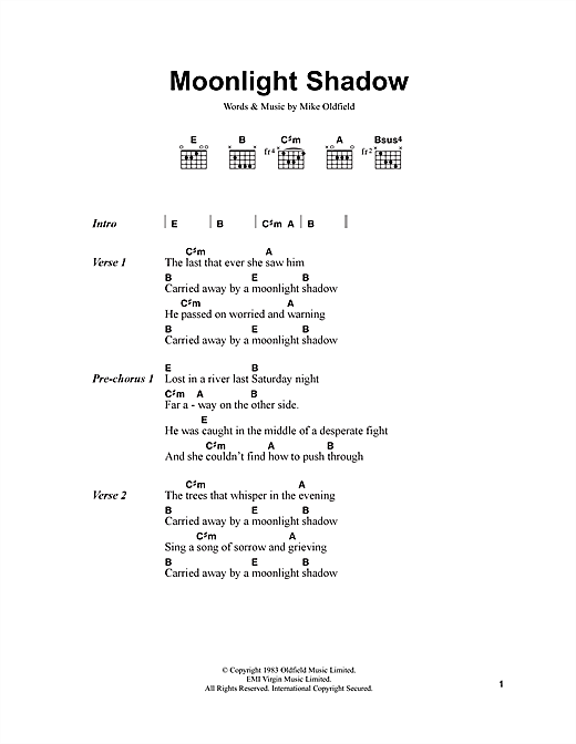 Mike Oldfield Moonlight Shadow sheet music, chords, lyrics - Printable PDF for Lyrics & Chords