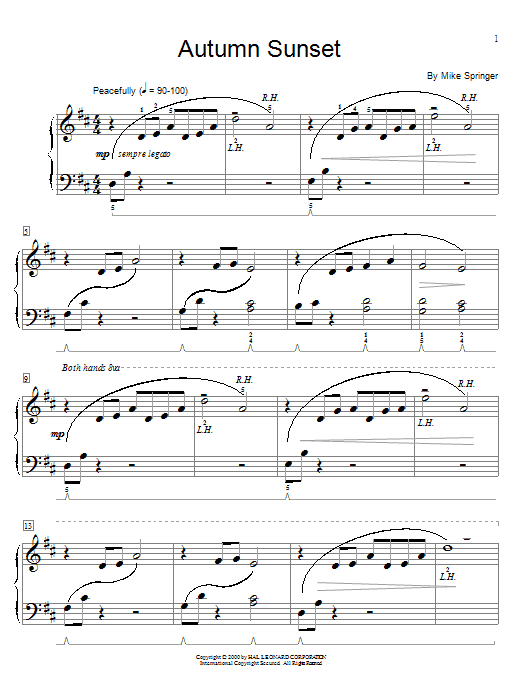 Learn to play Mike Springer Autumn Sunset sheet music for Easy Piano in minutes. Mike Springer Autumn Sunset sheet music preview music notes and score for Easy Piano including 2 page(s)