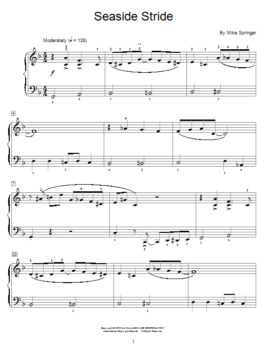 Learn to play Mike Springer Seaside Stride sheet music for Easy Piano in minutes. Mike Springer Seaside Stride sheet music preview music notes and score for Easy Piano including 3 page(s)