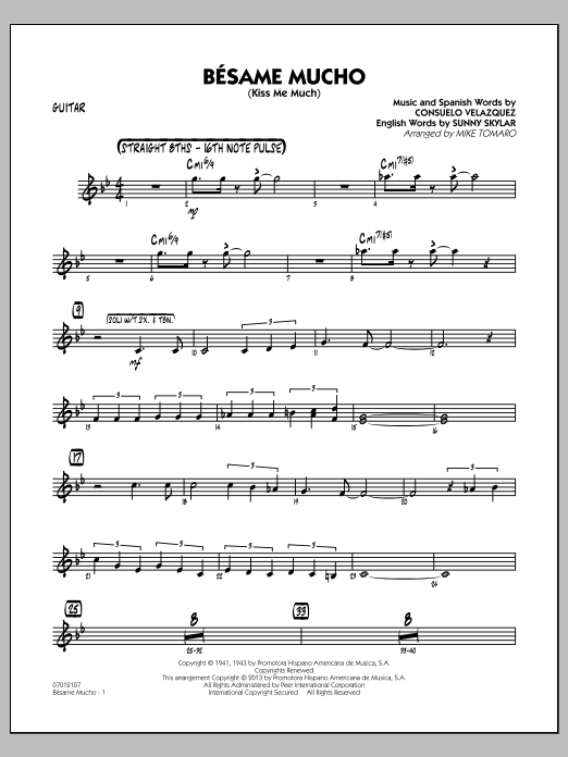 Learn to play Mike Tomaro Besame Mucho (Kiss Me Much) - Guitar sheet music for Jazz Ensemble in minutes. Mike Tomaro Besame Mucho (Kiss Me Much) - Guitar sheet music notes and chords