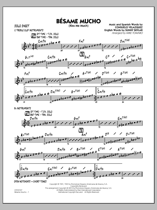 Learn to play Mike Tomaro Besame Mucho (Kiss Me Much) - Solo Sheet sheet music for Jazz Ensemble in minutes. Mike Tomaro Besame Mucho (Kiss Me Much) - Solo Sheet sheet music notes and chords
