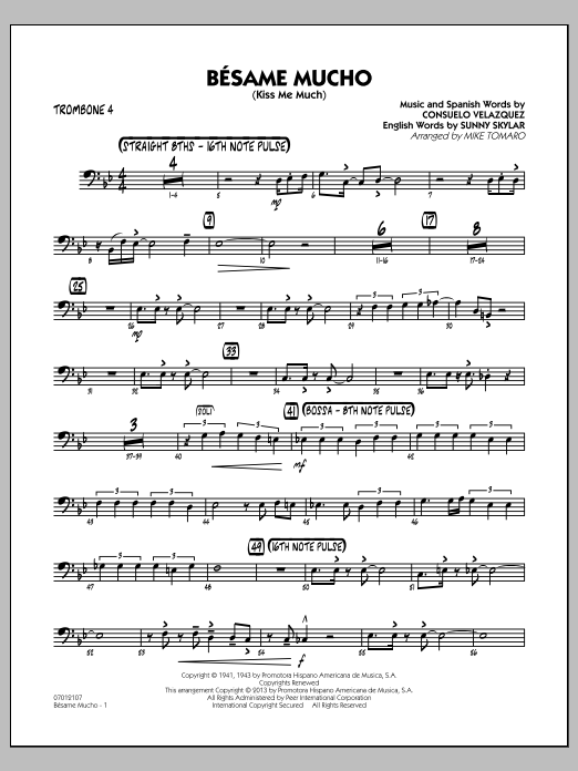Learn to play Mike Tomaro Besame Mucho (Kiss Me Much) - Trombone 4 sheet music for Jazz Ensemble in minutes. Mike Tomaro Besame Mucho (Kiss Me Much) - Trombone 4 sheet music notes and chords