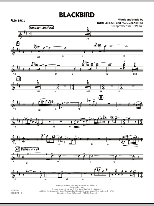 Learn to play Mike Tomaro Blackbird - Alto Sax 1 sheet music for Jazz Ensemble in minutes. Mike Tomaro Blackbird - Alto Sax 1 sheet music preview music notes and score for Jazz Ensemble including 3 page(s)