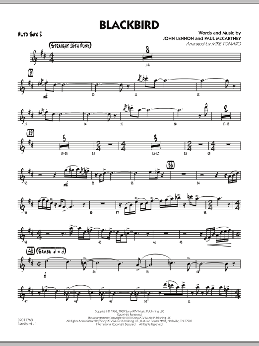 Learn to play Mike Tomaro Blackbird - Alto Sax 2 sheet music for Jazz Ensemble in minutes. Mike Tomaro Blackbird - Alto Sax 2 sheet music preview music notes and score for Jazz Ensemble including 3 page(s)