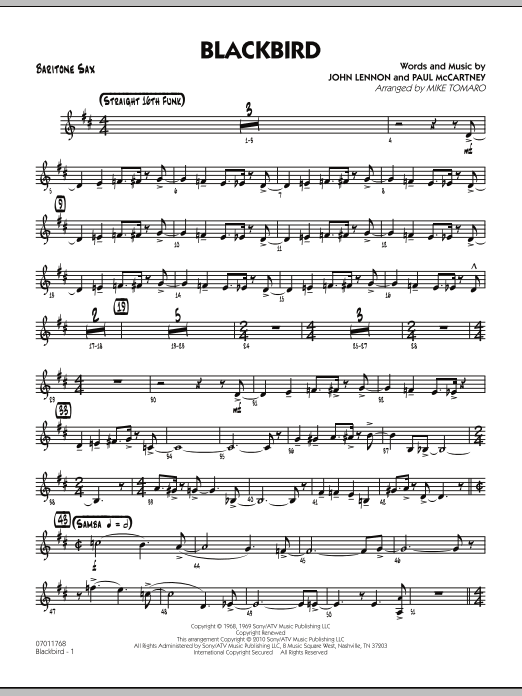 Learn to play Mike Tomaro Blackbird - Baritone Sax sheet music for Jazz Ensemble in minutes. Mike Tomaro Blackbird - Baritone Sax sheet music preview music notes and score for Jazz Ensemble including 3 page(s)