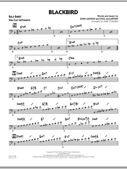 Learn to play Mike Tomaro Blackbird - Bass Clef Solo Sheet sheet music for Jazz Ensemble in minutes. Mike Tomaro Blackbird - Bass Clef Solo Sheet sheet music preview music notes and score for Jazz Ensemble including 2 page(s)
