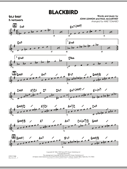 Learn to play Mike Tomaro Blackbird - Bb Solo Sheet sheet music for Jazz Ensemble in minutes. Mike Tomaro Blackbird - Bb Solo Sheet sheet music preview music notes and score for Jazz Ensemble including 2 page(s)