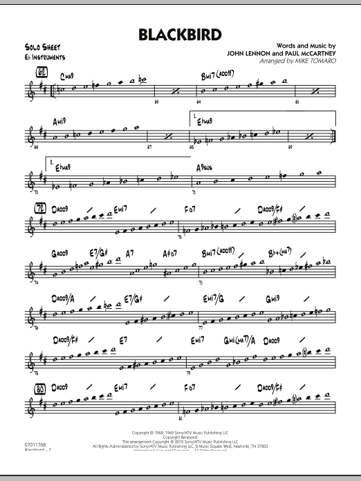 Learn to play Mike Tomaro Blackbird - Eb Solo Sheet sheet music for Jazz Ensemble in minutes. Mike Tomaro Blackbird - Eb Solo Sheet sheet music preview music notes and score for Jazz Ensemble including 2 page(s)