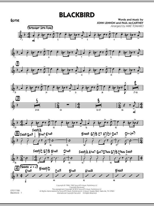 Learn to play Mike Tomaro Blackbird - Guitar sheet music for Jazz Ensemble in minutes. Mike Tomaro Blackbird - Guitar sheet music preview music notes and score for Jazz Ensemble including 3 page(s)