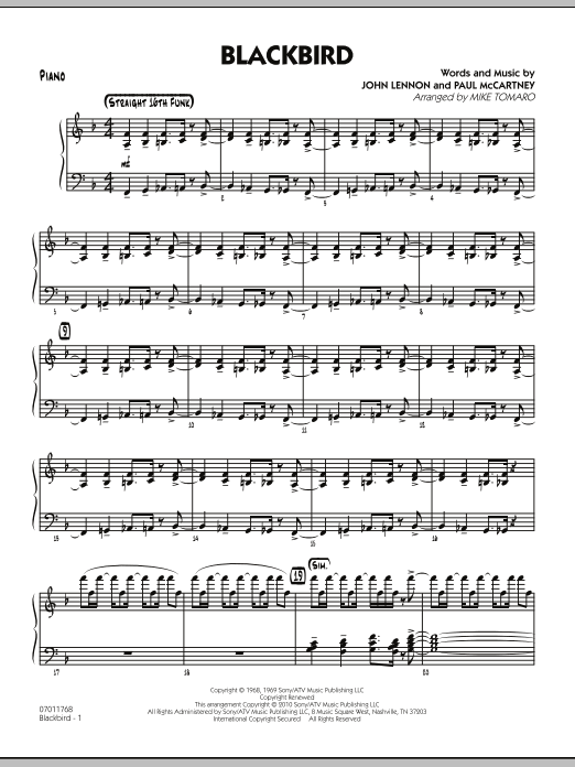 Learn to play Mike Tomaro Blackbird - Piano sheet music for Jazz Ensemble in minutes. Mike Tomaro Blackbird - Piano sheet music preview music notes and score for Jazz Ensemble including 7 page(s)