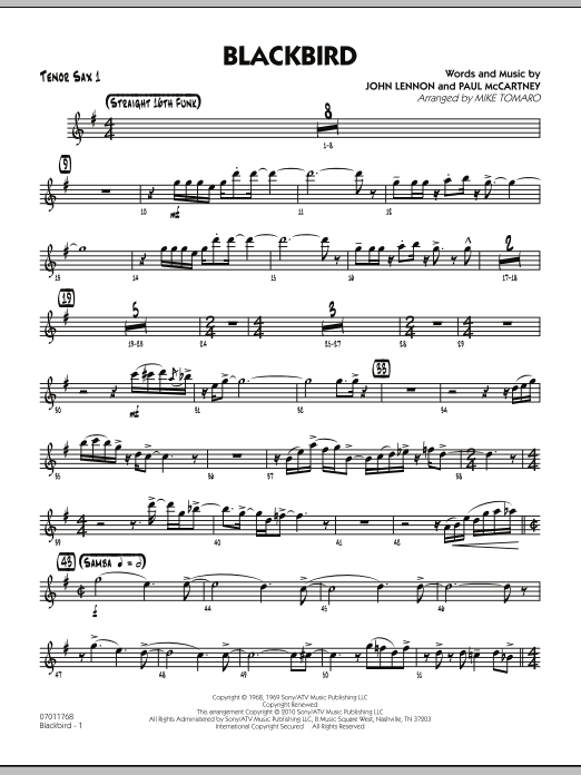 Learn to play Mike Tomaro Blackbird - Tenor Sax 1 sheet music for Jazz Ensemble in minutes. Mike Tomaro Blackbird - Tenor Sax 1 sheet music preview music notes and score for Jazz Ensemble including 3 page(s)