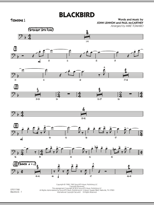Learn to play Mike Tomaro Blackbird - Trombone 1 sheet music for Jazz Ensemble in minutes. Mike Tomaro Blackbird - Trombone 1 sheet music preview music notes and score for Jazz Ensemble including 3 page(s)