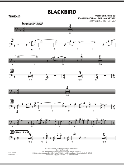 Learn to play Mike Tomaro Blackbird - Trombone 2 sheet music for Jazz Ensemble in minutes. Mike Tomaro Blackbird - Trombone 2 sheet music preview music notes and score for Jazz Ensemble including 3 page(s)
