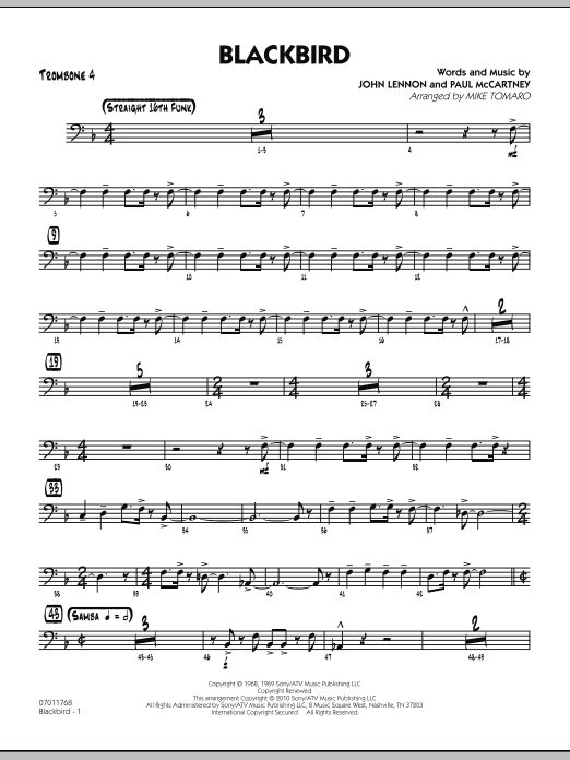 Learn to play Mike Tomaro Blackbird - Trombone 4 sheet music for Jazz Ensemble in minutes. Mike Tomaro Blackbird - Trombone 4 sheet music preview music notes and score for Jazz Ensemble including 3 page(s)