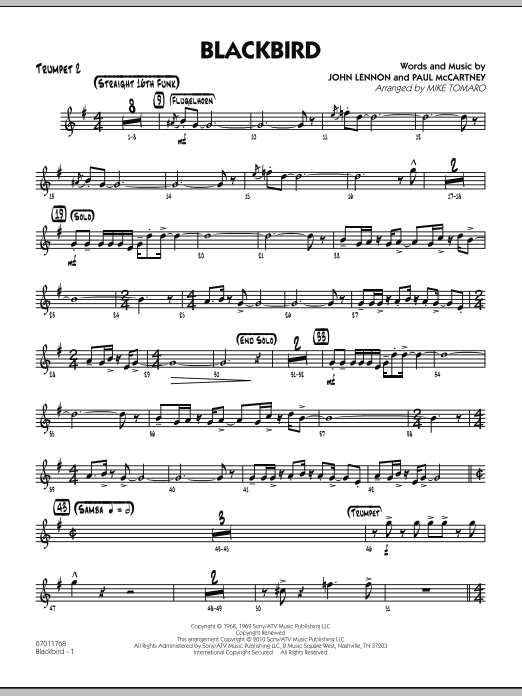 Learn to play Mike Tomaro Blackbird - Trumpet 2 sheet music for Jazz Ensemble in minutes. Mike Tomaro Blackbird - Trumpet 2 sheet music preview music notes and score for Jazz Ensemble including 3 page(s)
