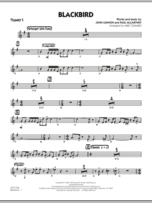 Learn to play Mike Tomaro Blackbird - Trumpet 3 sheet music for Jazz Ensemble in minutes. Mike Tomaro Blackbird - Trumpet 3 sheet music preview music notes and score for Jazz Ensemble including 3 page(s)