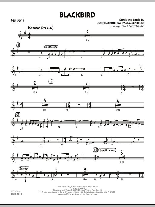 Learn to play Mike Tomaro Blackbird - Trumpet 4 sheet music for Jazz Ensemble in minutes. Mike Tomaro Blackbird - Trumpet 4 sheet music preview music notes and score for Jazz Ensemble including 3 page(s)