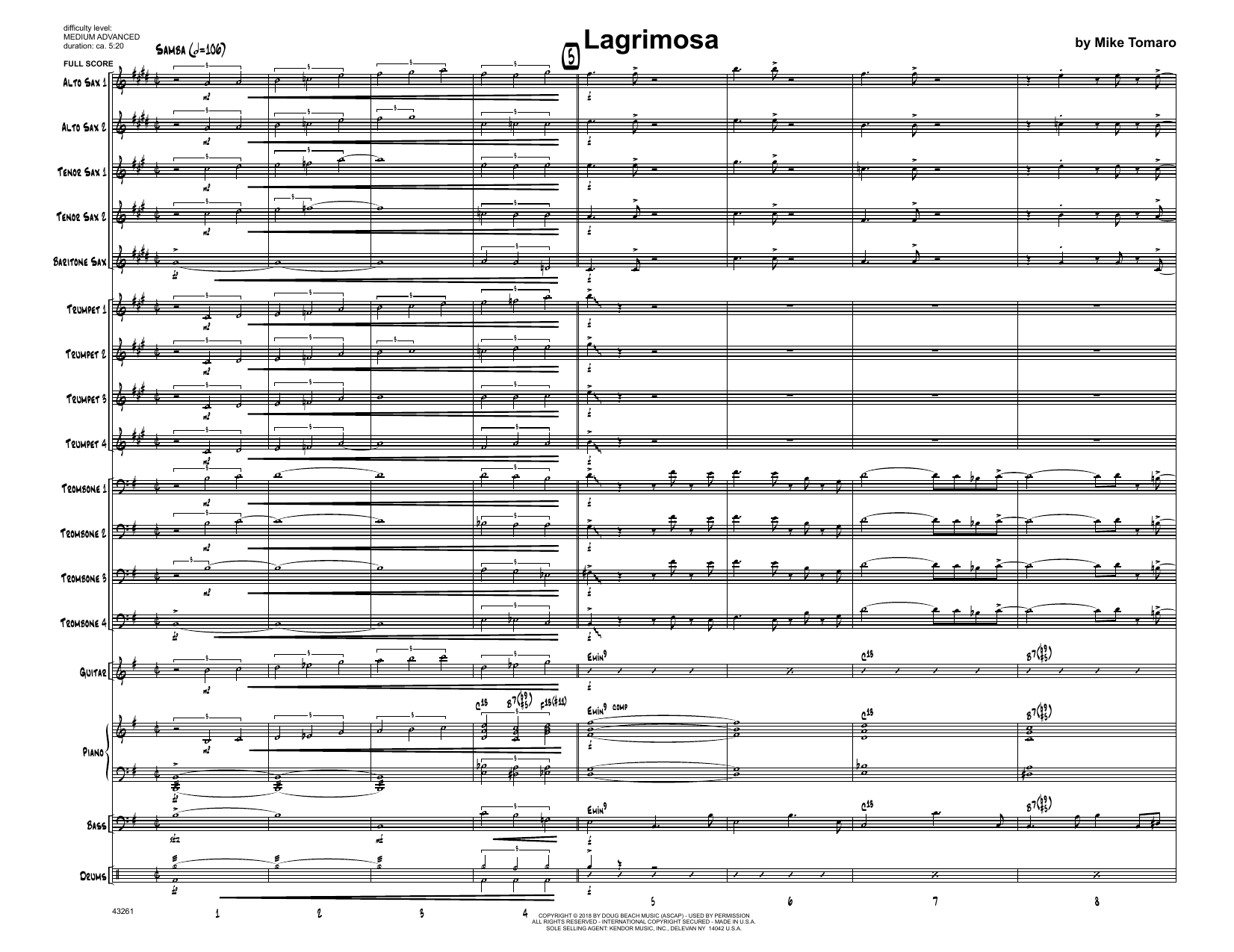 Learn to play Mike Tomaro Lagrimosa - Full Score sheet music for Jazz Ensemble in minutes. Mike Tomaro Lagrimosa - Full Score sheet music preview music notes and score for Jazz Ensemble including 34 page(s)