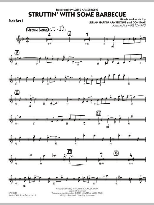 Learn to play Mike Tomaro Struttin' with Some Barbecue - Alto Sax 1 sheet music for Jazz Ensemble in minutes. Mike Tomaro Struttin' with Some Barbecue - Alto Sax 1 sheet music preview music notes and score for Jazz Ensemble including 4 page(s)