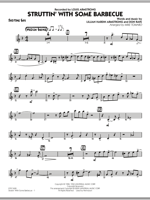 Learn to play Mike Tomaro Struttin' with Some Barbecue - Baritone Sax sheet music for Jazz Ensemble in minutes. Mike Tomaro Struttin' with Some Barbecue - Baritone Sax sheet music preview music notes and score for Jazz Ensemble including 4 page(s)