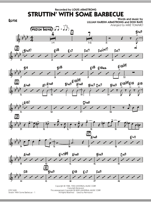 Learn to play Mike Tomaro Struttin' with Some Barbecue - Guitar sheet music for Jazz Ensemble in minutes. Mike Tomaro Struttin' with Some Barbecue - Guitar sheet music preview music notes and score for Jazz Ensemble including 4 page(s)