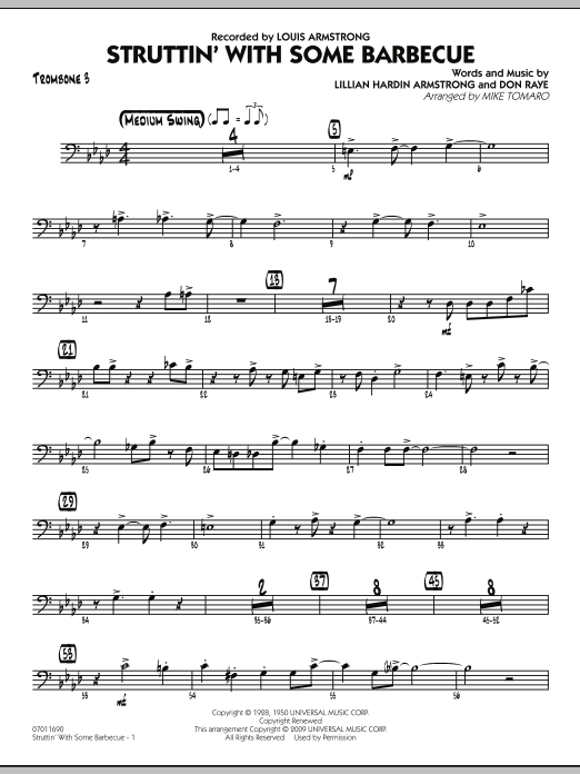 Learn to play Mike Tomaro Struttin' with Some Barbecue - Trombone 3 sheet music for Jazz Ensemble in minutes. Mike Tomaro Struttin' with Some Barbecue - Trombone 3 sheet music preview music notes and score for Jazz Ensemble including 4 page(s)