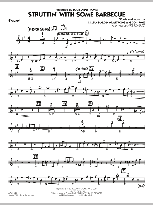 Learn to play Mike Tomaro Struttin' with Some Barbecue - Trumpet 1 sheet music for Jazz Ensemble in minutes. Mike Tomaro Struttin' with Some Barbecue - Trumpet 1 sheet music preview music notes and score for Jazz Ensemble including 3 page(s)