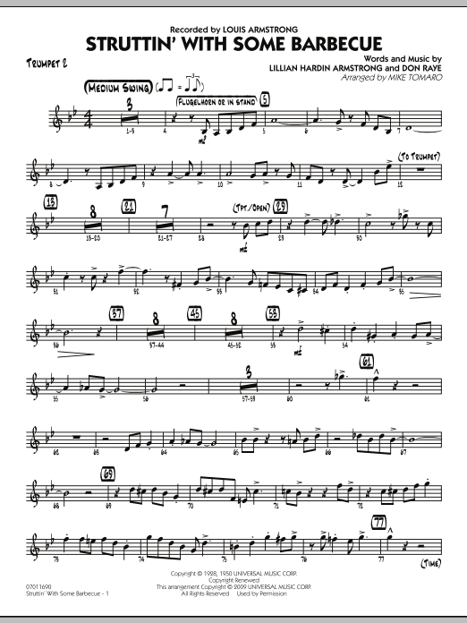 Learn to play Mike Tomaro Struttin' with Some Barbecue - Trumpet 2 sheet music for Jazz Ensemble in minutes. Mike Tomaro Struttin' with Some Barbecue - Trumpet 2 sheet music preview music notes and score for Jazz Ensemble including 3 page(s)