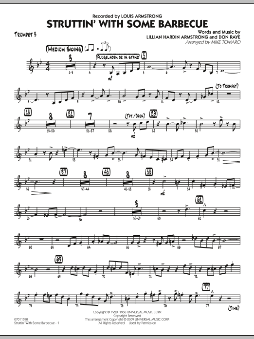Learn to play Mike Tomaro Struttin' with Some Barbecue - Trumpet 3 sheet music for Jazz Ensemble in minutes. Mike Tomaro Struttin' with Some Barbecue - Trumpet 3 sheet music preview music notes and score for Jazz Ensemble including 3 page(s)