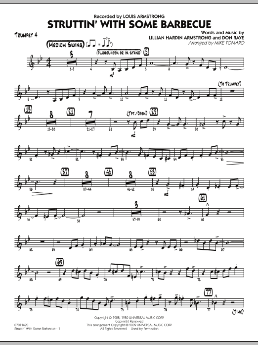 Learn to play Mike Tomaro Struttin' with Some Barbecue - Trumpet 4 sheet music for Jazz Ensemble in minutes. Mike Tomaro Struttin' with Some Barbecue - Trumpet 4 sheet music preview music notes and score for Jazz Ensemble including 3 page(s)
