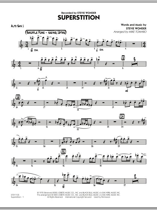 Learn to play Mike Tomaro Superstition - Alto Sax 1 sheet music for Jazz Ensemble in minutes. Mike Tomaro Superstition - Alto Sax 1 sheet music preview music notes and score for Jazz Ensemble including 3 page(s)