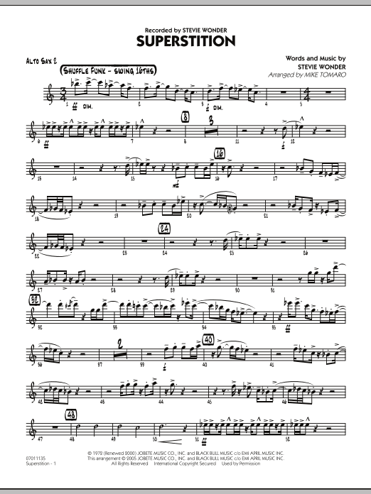 Learn to play Mike Tomaro Superstition - Alto Sax 2 sheet music for Jazz Ensemble in minutes. Mike Tomaro Superstition - Alto Sax 2 sheet music preview music notes and score for Jazz Ensemble including 2 page(s)