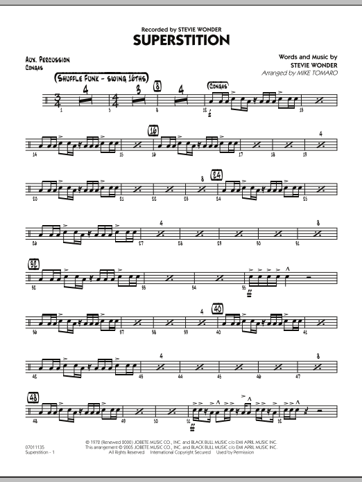 Learn to play Mike Tomaro Superstition - Aux Percussion sheet music for Jazz Ensemble in minutes. Mike Tomaro Superstition - Aux Percussion sheet music preview music notes and score for Jazz Ensemble including 2 page(s)