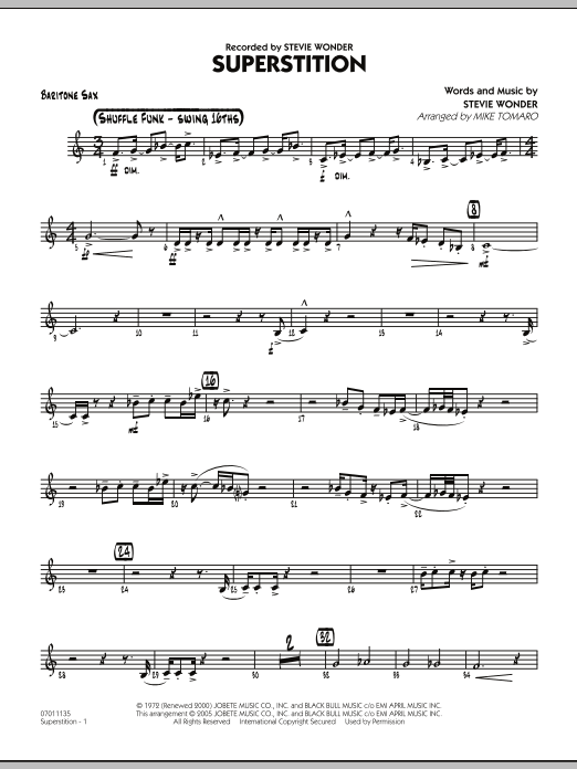 Learn to play Mike Tomaro Superstition - Baritone Sax sheet music for Jazz Ensemble in minutes. Mike Tomaro Superstition - Baritone Sax sheet music preview music notes and score for Jazz Ensemble including 3 page(s)