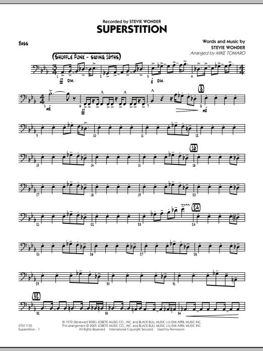 Learn to play Mike Tomaro Superstition - Bass sheet music for Jazz Ensemble in minutes. Mike Tomaro Superstition - Bass sheet music preview music notes and score for Jazz Ensemble including 3 page(s)