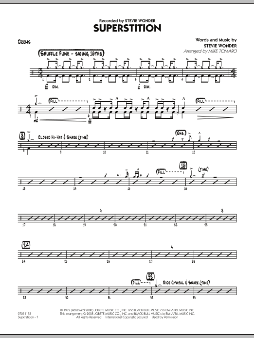 Learn to play Mike Tomaro Superstition - Drums sheet music for Jazz Ensemble in minutes. Mike Tomaro Superstition - Drums sheet music preview music notes and score for Jazz Ensemble including 3 page(s)
