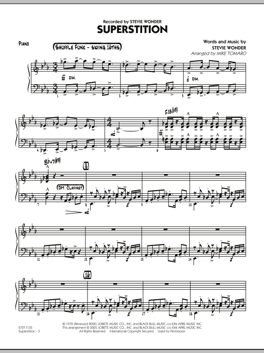 Learn to play Mike Tomaro Superstition - Piano sheet music for Jazz Ensemble in minutes. Mike Tomaro Superstition - Piano sheet music preview music notes and score for Jazz Ensemble including 5 page(s)