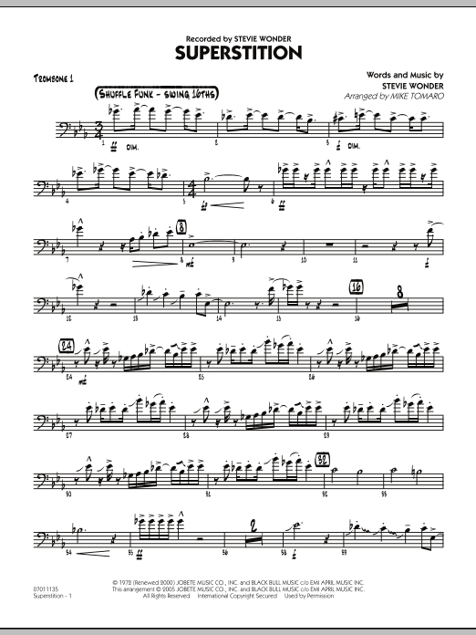 Learn to play Mike Tomaro Superstition - Trombone 1 sheet music for Jazz Ensemble in minutes. Mike Tomaro Superstition - Trombone 1 sheet music preview music notes and score for Jazz Ensemble including 3 page(s)