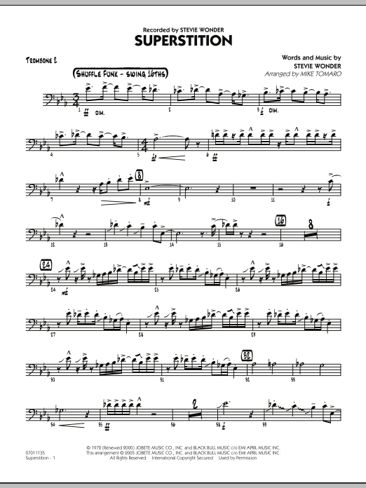 Learn to play Mike Tomaro Superstition - Trombone 2 sheet music for Jazz Ensemble in minutes. Mike Tomaro Superstition - Trombone 2 sheet music preview music notes and score for Jazz Ensemble including 3 page(s)