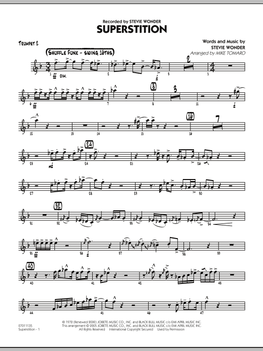 Learn to play Mike Tomaro Superstition - Trumpet 2 sheet music for Jazz Ensemble in minutes. Mike Tomaro Superstition - Trumpet 2 sheet music preview music notes and score for Jazz Ensemble including 3 page(s)