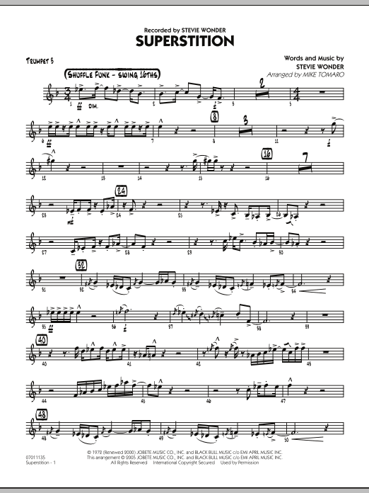 Learn to play Mike Tomaro Superstition - Trumpet 3 sheet music for Jazz Ensemble in minutes. Mike Tomaro Superstition - Trumpet 3 sheet music preview music notes and score for Jazz Ensemble including 2 page(s)