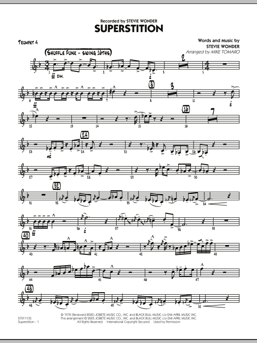 Learn to play Mike Tomaro Superstition - Trumpet 4 sheet music for Jazz Ensemble in minutes. Mike Tomaro Superstition - Trumpet 4 sheet music preview music notes and score for Jazz Ensemble including 2 page(s)