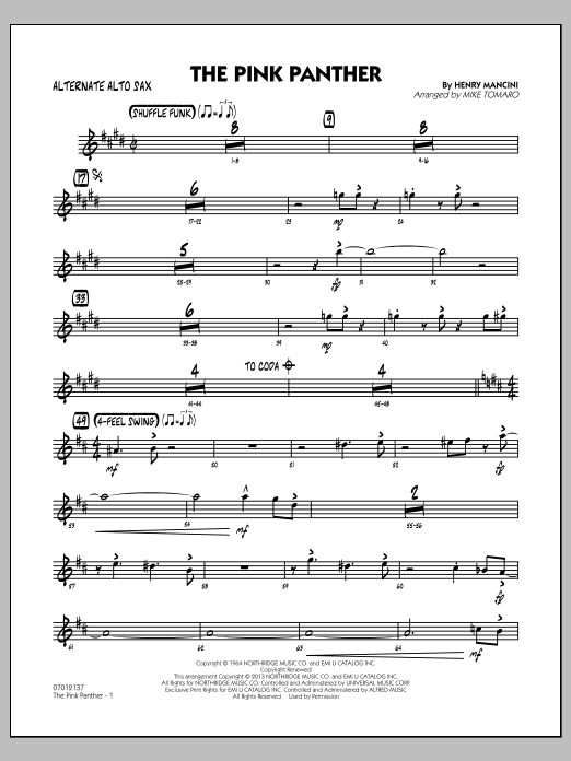 Learn to play Mike Tomaro The Pink Panther - Alternate Alto Sax sheet music for Jazz Ensemble in minutes. Mike Tomaro The Pink Panther - Alternate Alto Sax sheet music preview music notes and score for Jazz Ensemble including 3 page(s)