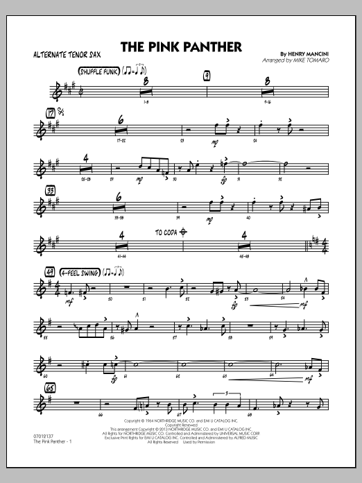 Learn to play Mike Tomaro The Pink Panther - Alternate Tenor Sax sheet music for Jazz Ensemble in minutes. Mike Tomaro The Pink Panther - Alternate Tenor Sax sheet music preview music notes and score for Jazz Ensemble including 3 page(s)