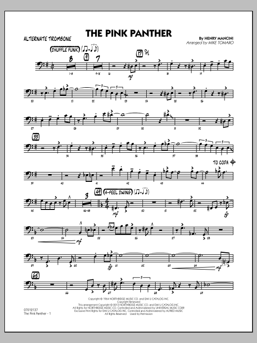 Learn to play Mike Tomaro The Pink Panther - Alternate Trombone sheet music for Jazz Ensemble in minutes. Mike Tomaro The Pink Panther - Alternate Trombone sheet music preview music notes and score for Jazz Ensemble including 3 page(s)